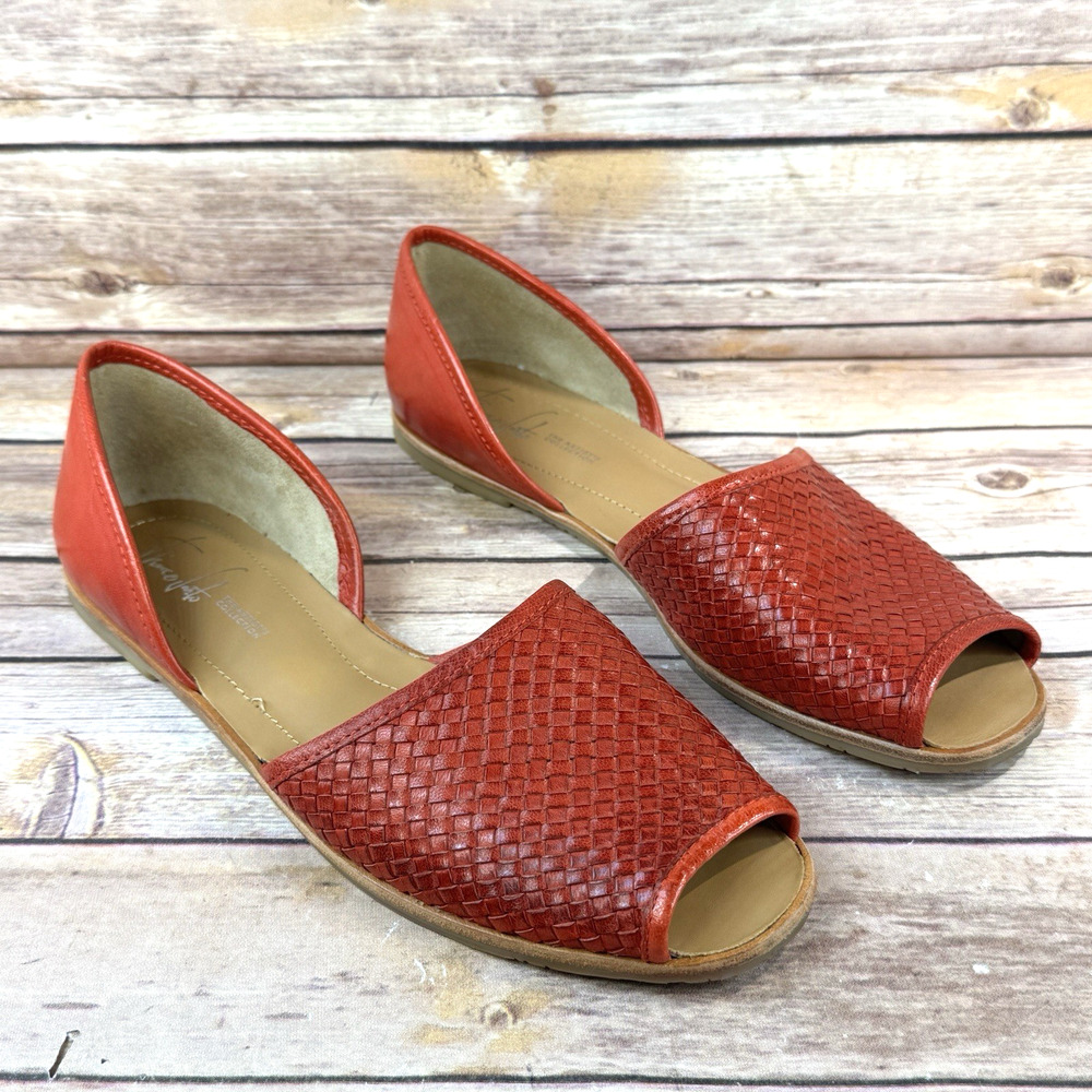 Franco Sarto Womens Red Woven Leather Peep Toe Slip On Flat Sandals 10M